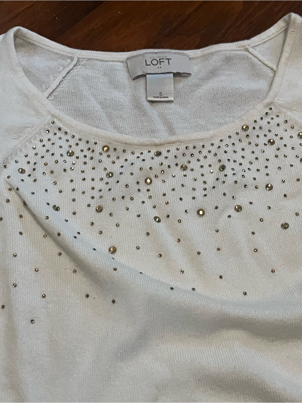 LOFT Women’s Cream Scoop Neck Light Sweater with Gold Stud Accents Small